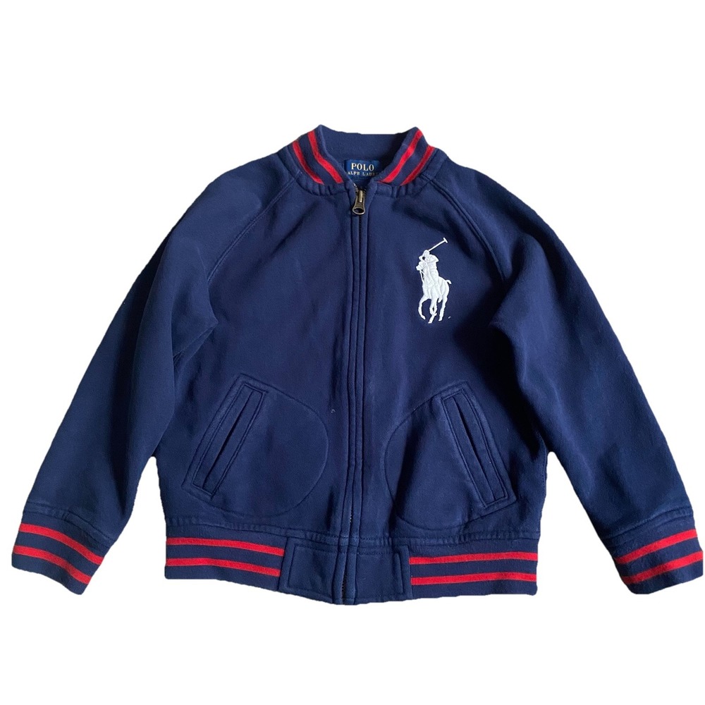 Polo Ralph Lauren Bomber Jacket Kids 5 Navy Red Large Pony Varsity Cotton